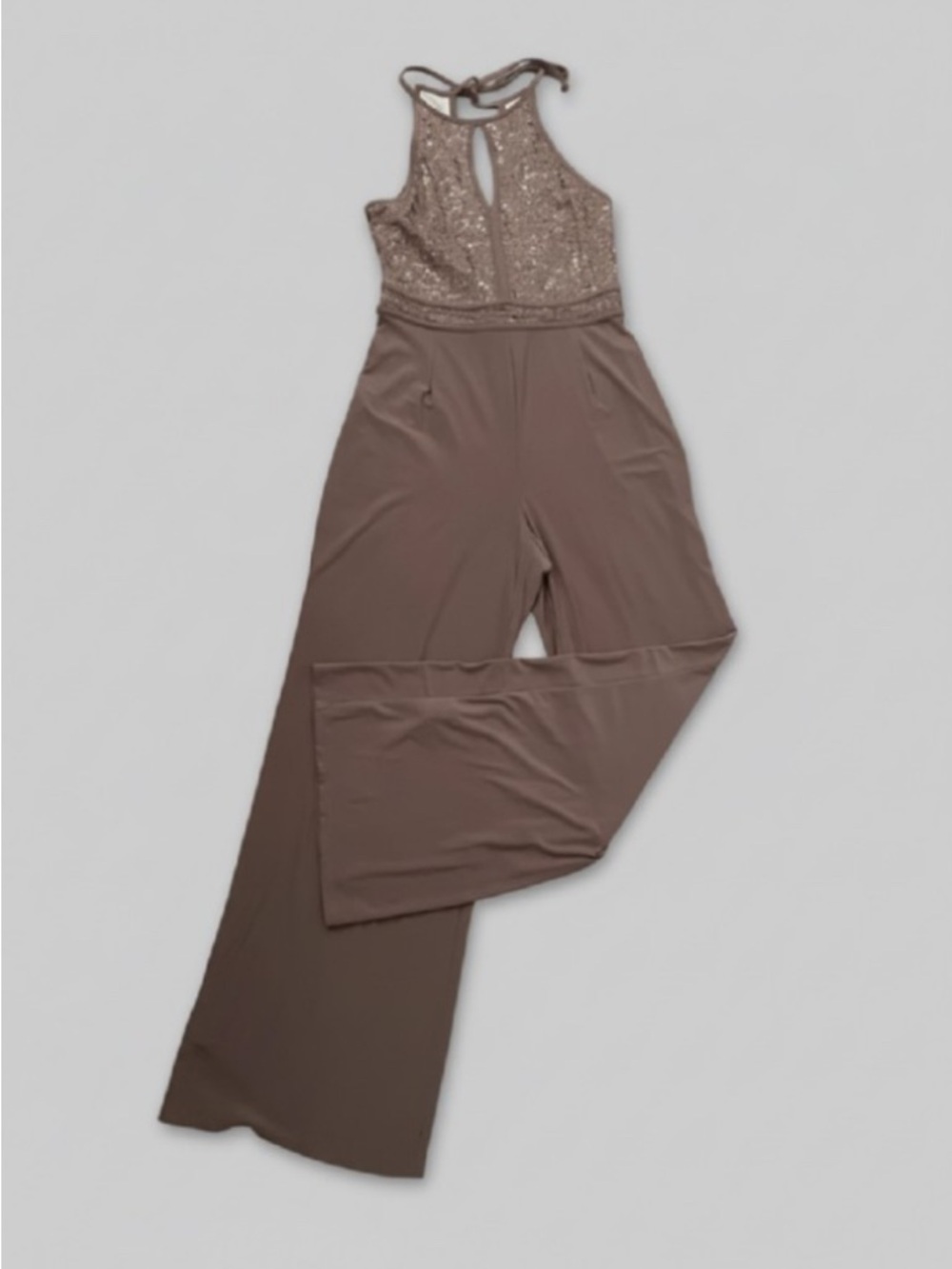 Night Way Collections Taupe Sequin Halter Wide-Leg Jumpsuit
